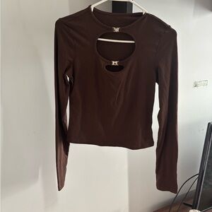 Brown Long Sleeve Cutout Top